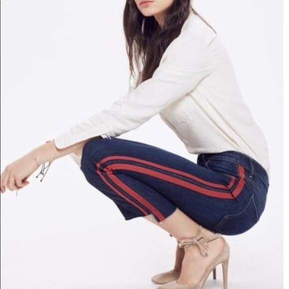 Mother Womens Looker Ankle Fray Skinny Jeans Speed Racer Blue Red Stripe size 27 - Picture 4 of 16